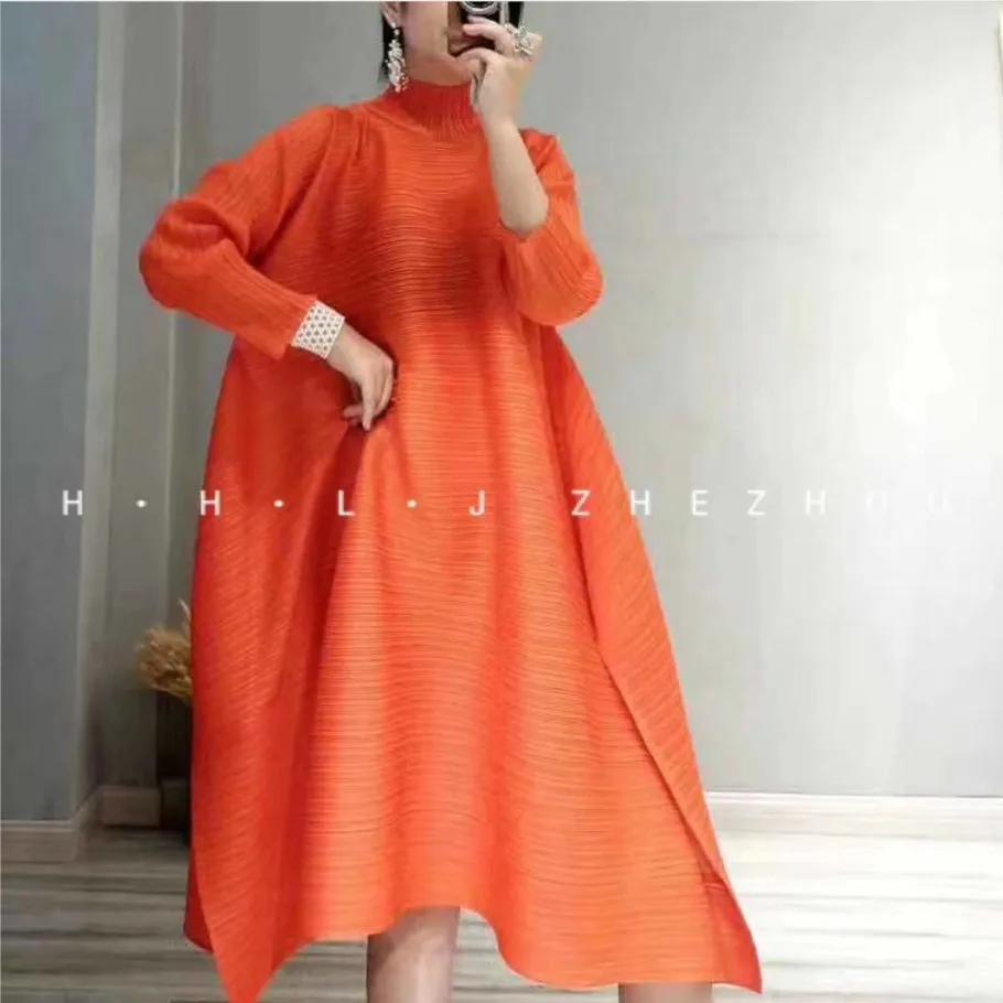 

HOT SELLING Miyake fashion solid fold turtleneck collar big A-Line dresses IN STOCK