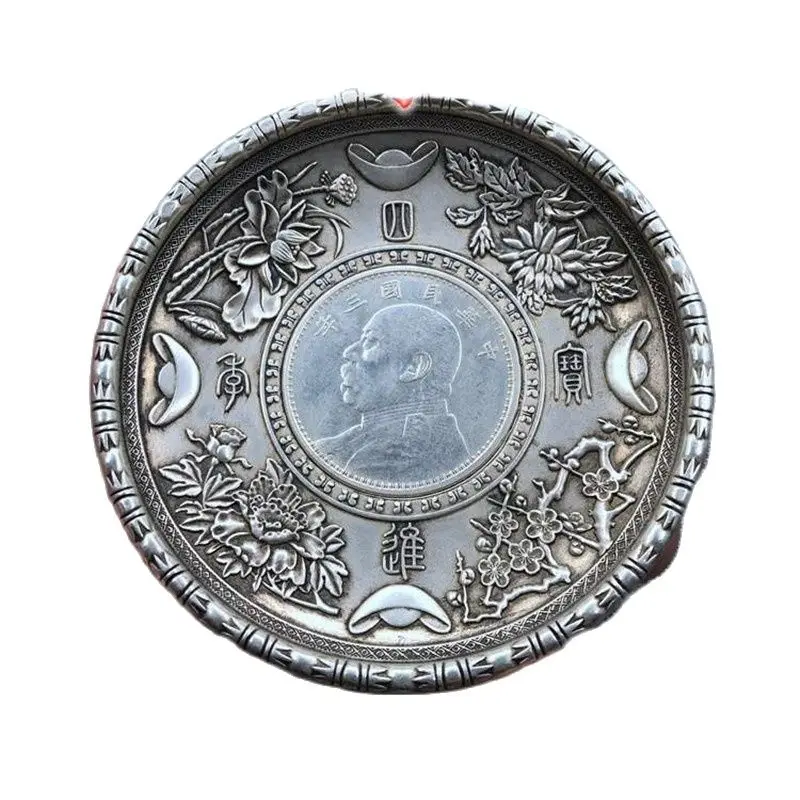 China Old Carved Tibetan Silver Writing-Brush Washer Ornaments Plates