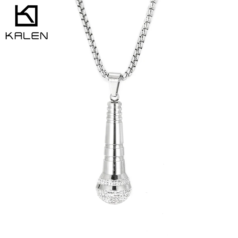 Kalen Hip Hop Trend Microphone Pendant Charm Men\'s Necklace Party Gift Zircon Stainless Steel Jewelry