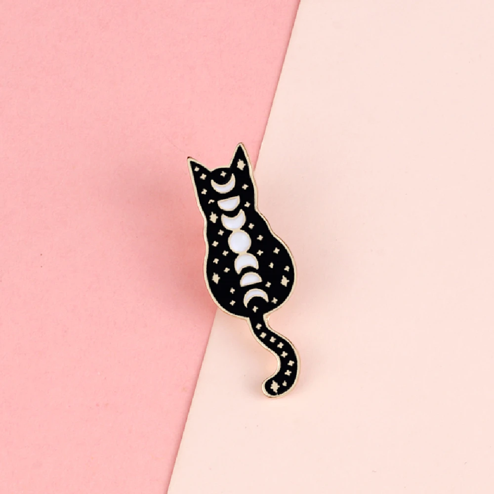 Witch Black Cat Enamel Brooches Custom Moon Star Phase Wizard Cat Creative Pop-Enamel Pin Lapel Badges Jewelry Gifts for Friends