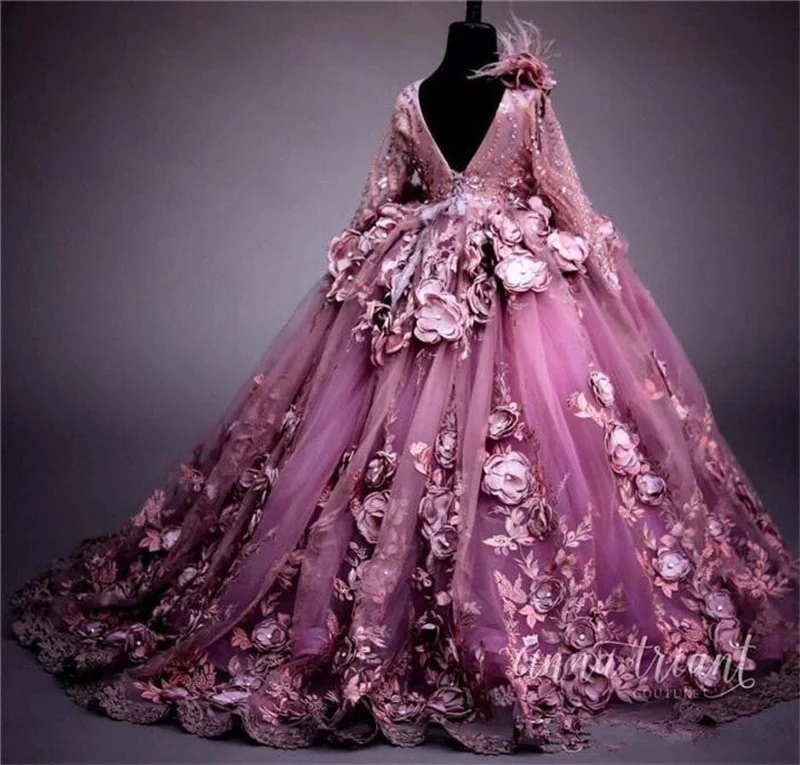 Vestidos de flores de lujo para niña, precioso vestido de desfile para boda, apliques de plumas de encaje de manga larga, vestido de cumpleaños de tul