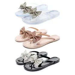 Women Shiny Rhinestone Bowknot Flip-Flops Colorful Jewelry Sequins Flat Sandals Summer Beach Jelly Clip Toe Slippers