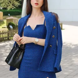 XEASY 2021 Tweed donna Vintage Bule Plaid manica lunga Slim Office Lady Blazer donna doppio petto Streetweaer Suit Top