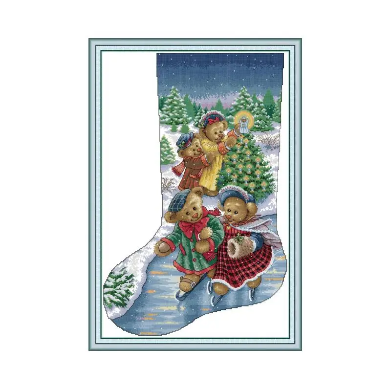 Bears Christmas Stocking Stamped Cross Stitch Kits DMC 14CT 11CT Printed Canvas Embroidery Kit for Needlework Sets DIY Hand Arts