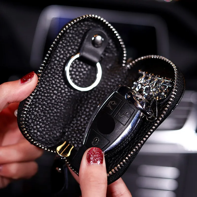 Bling Crystal Little Bee Leather Car Key Case Key Holder Zipper Key Wallet Drivers License Bag Car Accessories For Women Girls