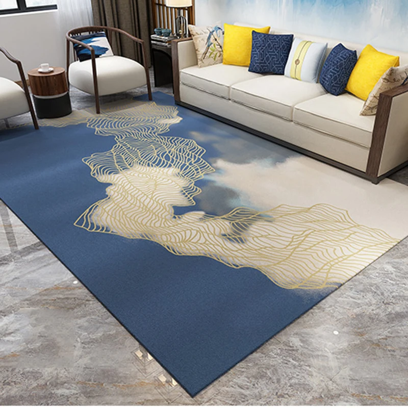 Chinese Style Geometric 3D Print Living Room Carpet, Bedroom Carpets, Gold Curve, Nordic Rugs, Study Room, Yellow, Blue