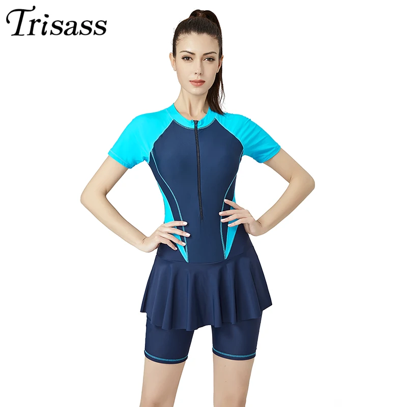 Trisass 2020 New Women\'s One Piece Skirt Swimwear Plus Size Sport Bodysuit Short Sleeve Pants Surf Suit With Zipper Swimsuit