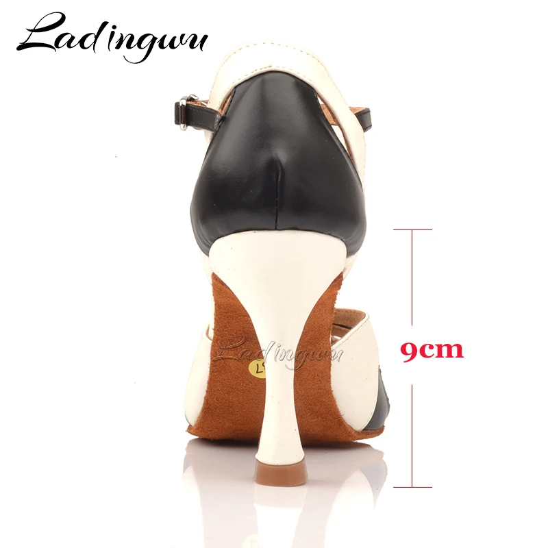 Ladingwu Ballroom Dance Shoes Women Black and White Leather Latin Dance Shoes Girls Ladys Dance Shoes Profession Dance Shoes