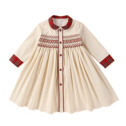 Children Girls Vintage Spanish Princess Plaid Dress For Girl Elegant Handmade Smocked Long Sleeve Dress 2023 Autumn Kids Costume