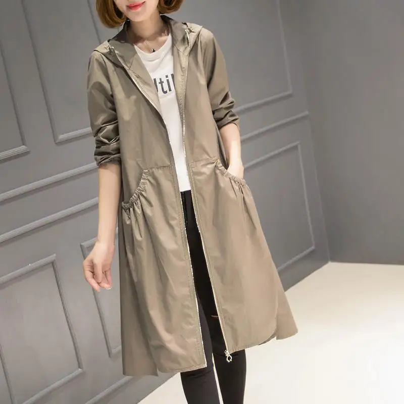 

2019 Spring and Autumn Women Long Trench Hooded Solid Windbreaker Ladies Jackets Female Long Loose Wild Coats Large Size