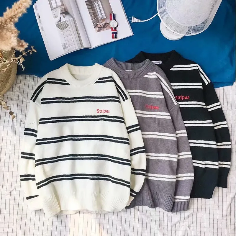 

Men's Sweater Autumn Winter Pullovers Thermal Knitting Jumper Preppy Style Casual Sweaters Striped Loose Clothing Male Pullovers