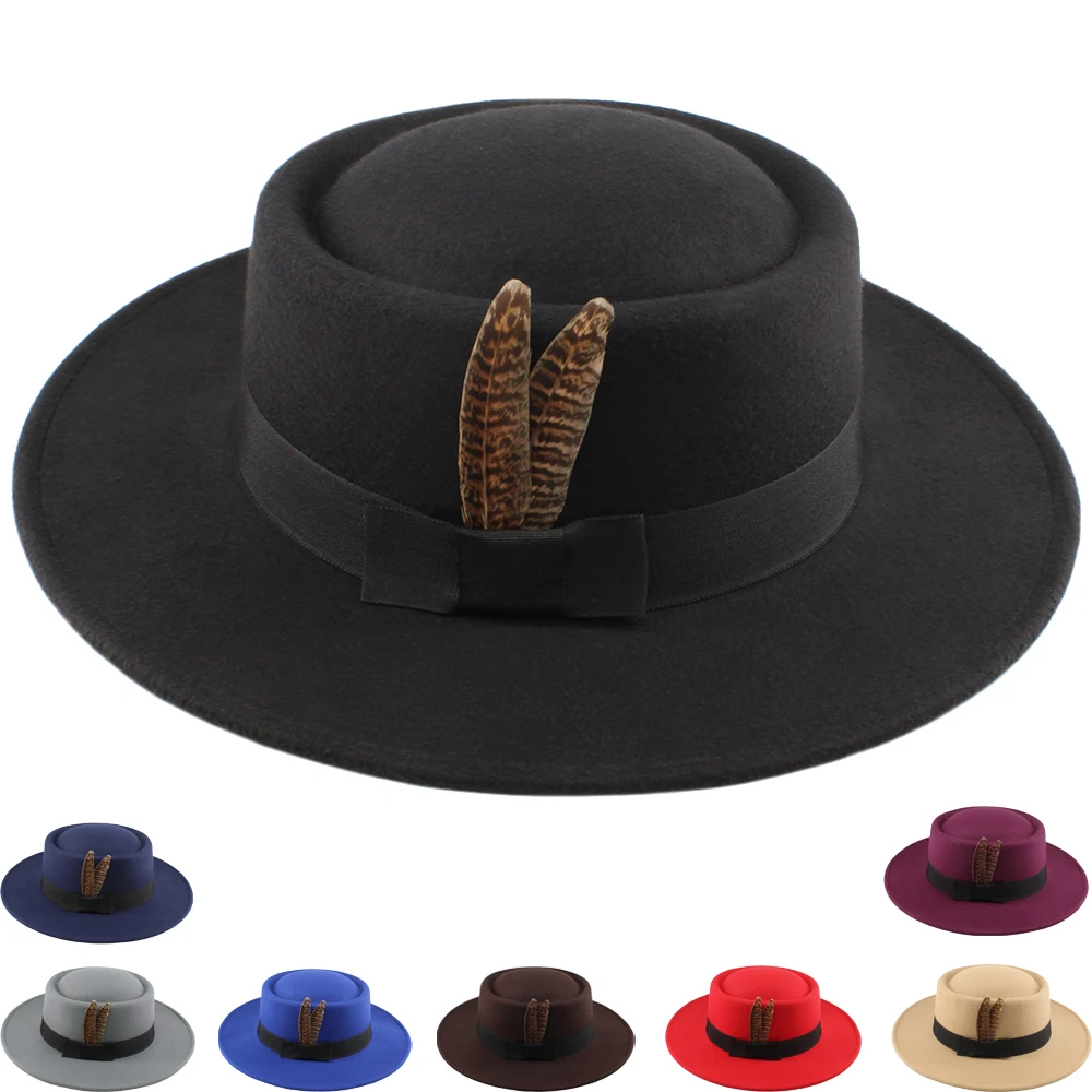 

Men Women Wide Brim Boater Hats Sombrero Sunhat Pork Pie Top Sailor Caps Feather Band Party Outdoor Size US 7 1/4 UK L