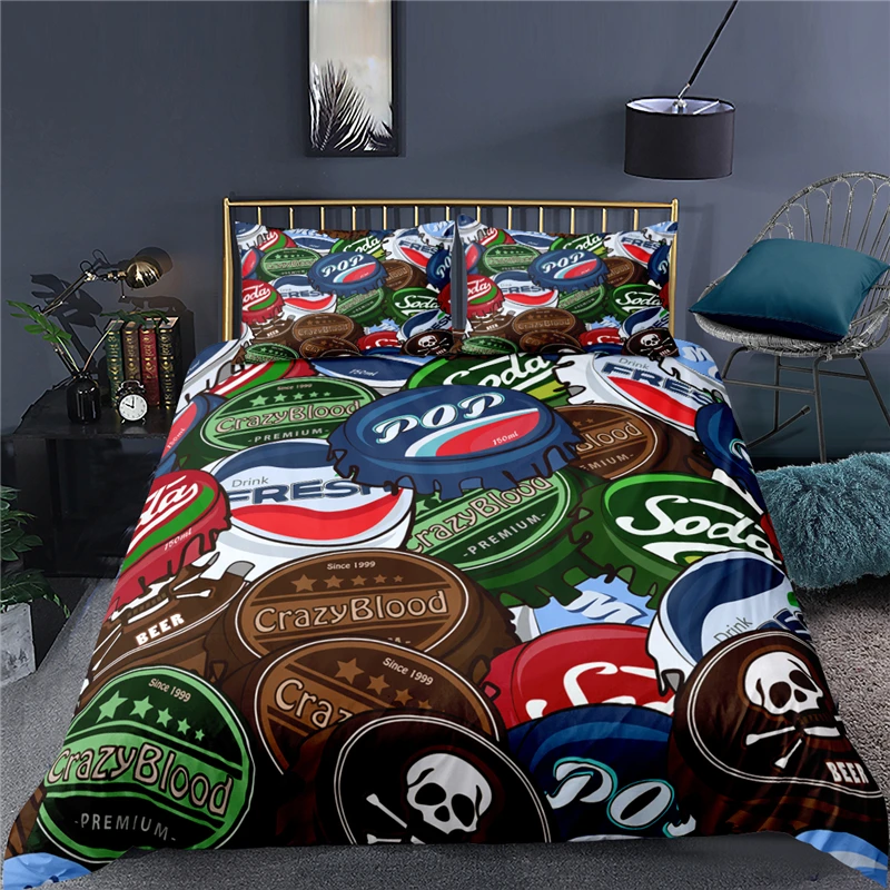 Luxury 3D Beer Bottle Cap Print 2/3Pcs Kids Bedding Set Comfortable Duvet Cover Pillowcase Home Textile Queen and King Size