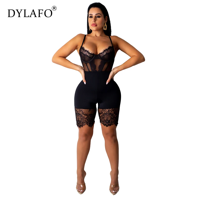 Lace Patchwork Sexy Spaghetti Strap Jumpsuits Women Off Shoulder Sleeveless Elegant Skinny Party Club Bodysuit Short Playsuit