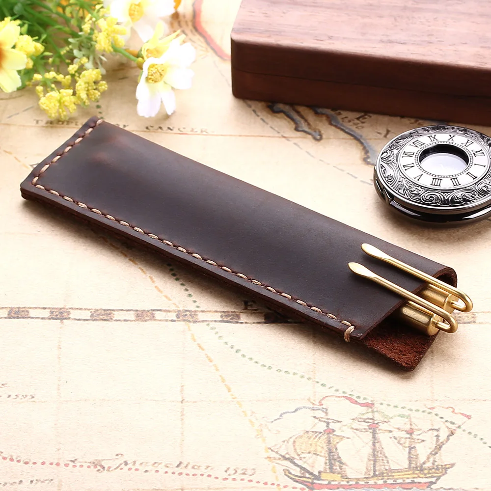 Handmade Genuine Leather Pen Bag Rustic  Holder Case Vintage Retro Style Accessories For Notebook