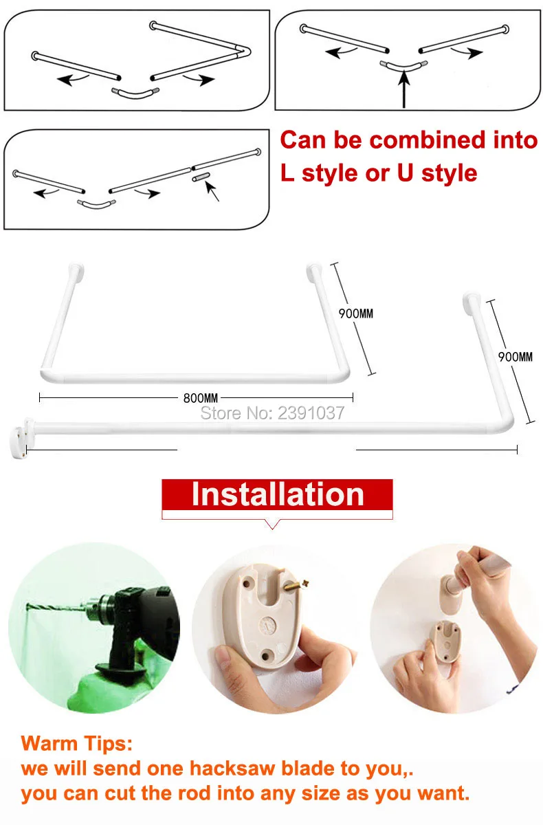 White Color U Shaped Curved Shower Curtain Rod, Aluminium Alloy L Curtain Poles, Rail Track for Bathroom, Toilet