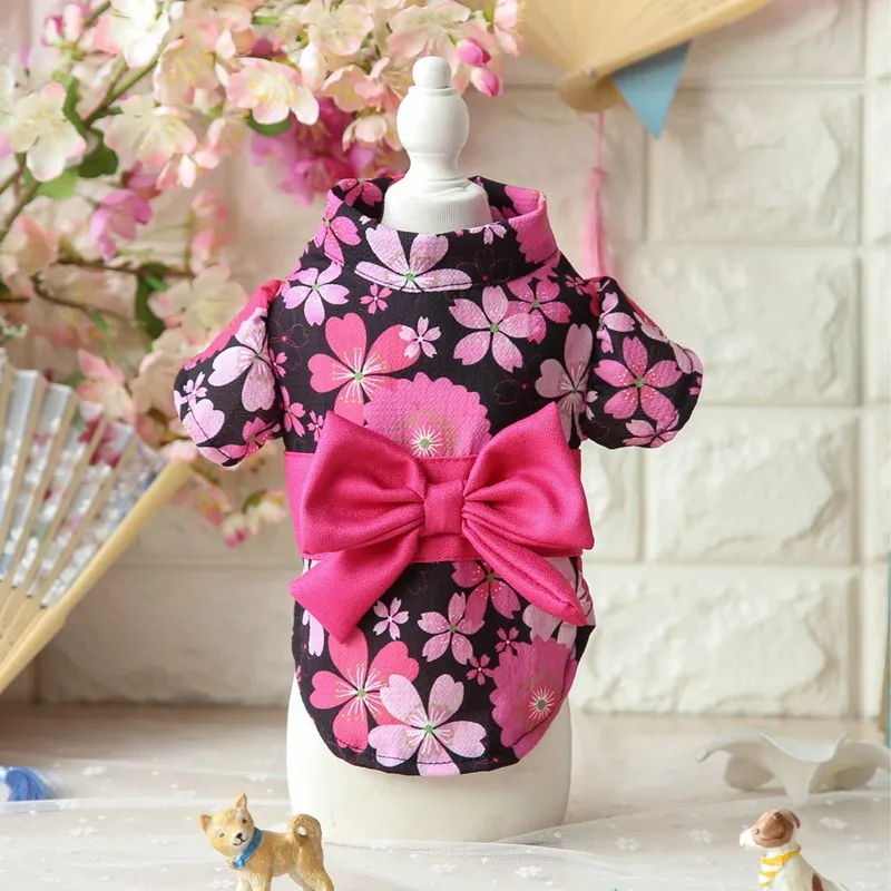 Japanese Pet Kimono Poodle Cat Cherry Blossom Bathrobe Sakura Kimono Dress Puppy Kitty Flower Skirt Pet Spring Summer Clothes