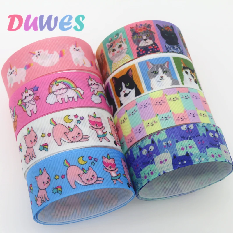 DUWES 50yards cat Printed Grosgrain Ribbon Accessory Hairbow Headwear Decoration DIY Wholesale OEM D1292