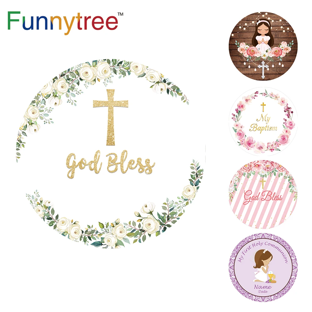 Funnytree Cross God Bless Circle Round Backdrop cover Baby Shower Communion Baptism Flower Background Wallpaper Photocall Decor