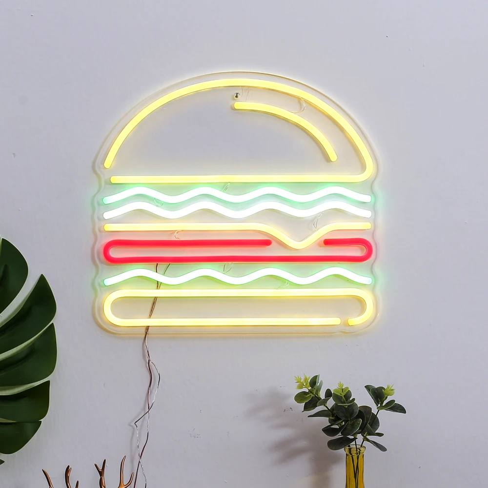 Elastyczny neonowy pasek znak HAMBURGER lampa neonowa Fast Food wyjąć Neon prezent dekoracje ścienne dla restauracji kuchnia Bar sklep urodziny