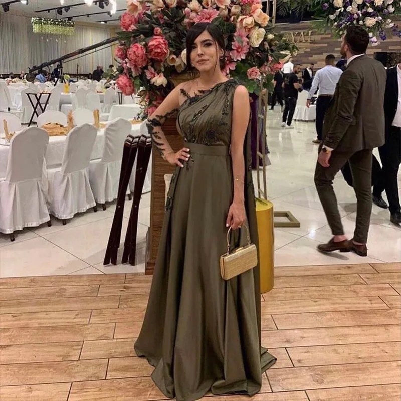 2020 New Arrival Long Sleeves Elegant Green Handmade Beading A Line Satin Prom Dress Plus Size For Woman Evening Party