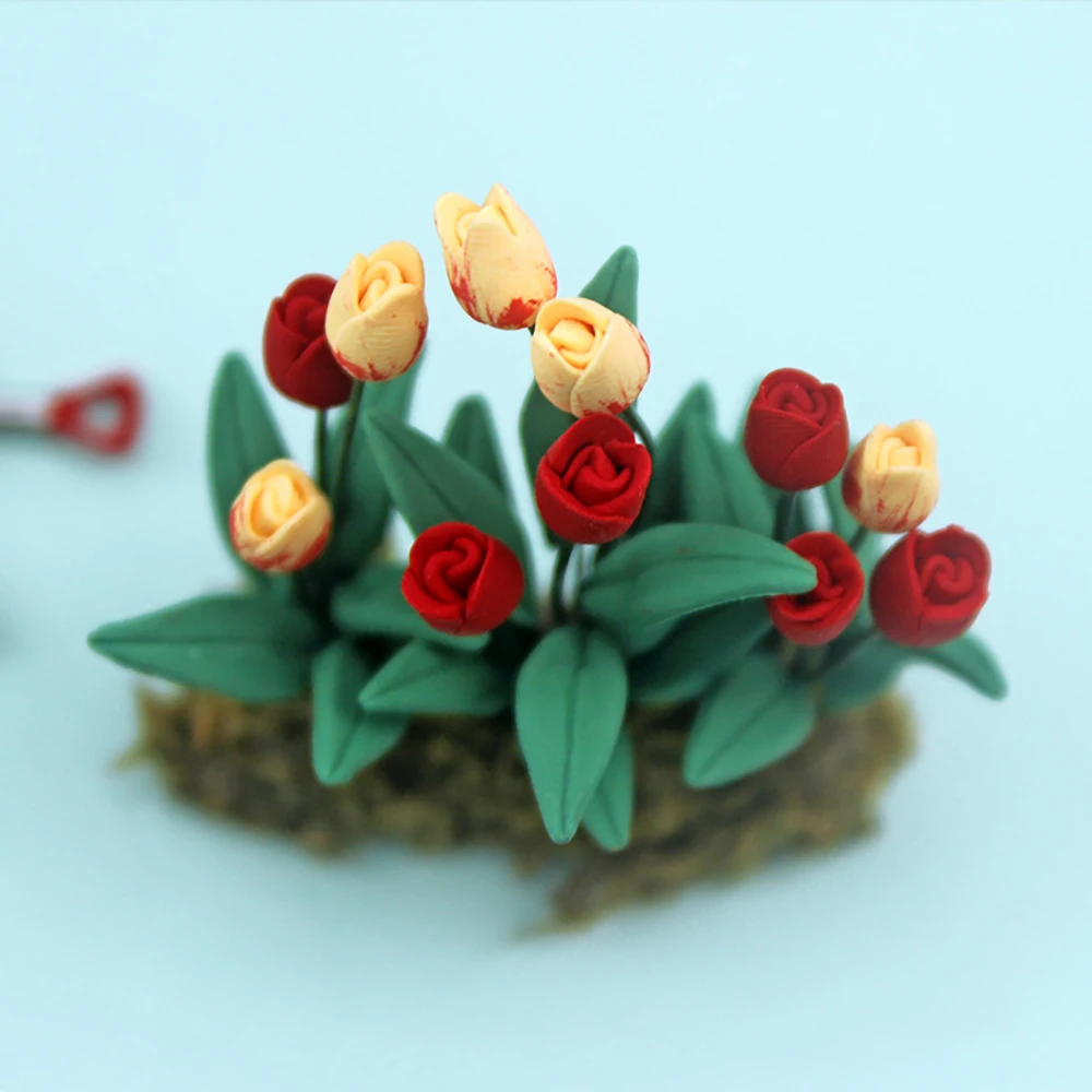 1/12 Dollhouse Miniature Accessories Mini Tulip Daffodils Morning Glory Simulation Garden Flower Model Toys for Doll House Decor