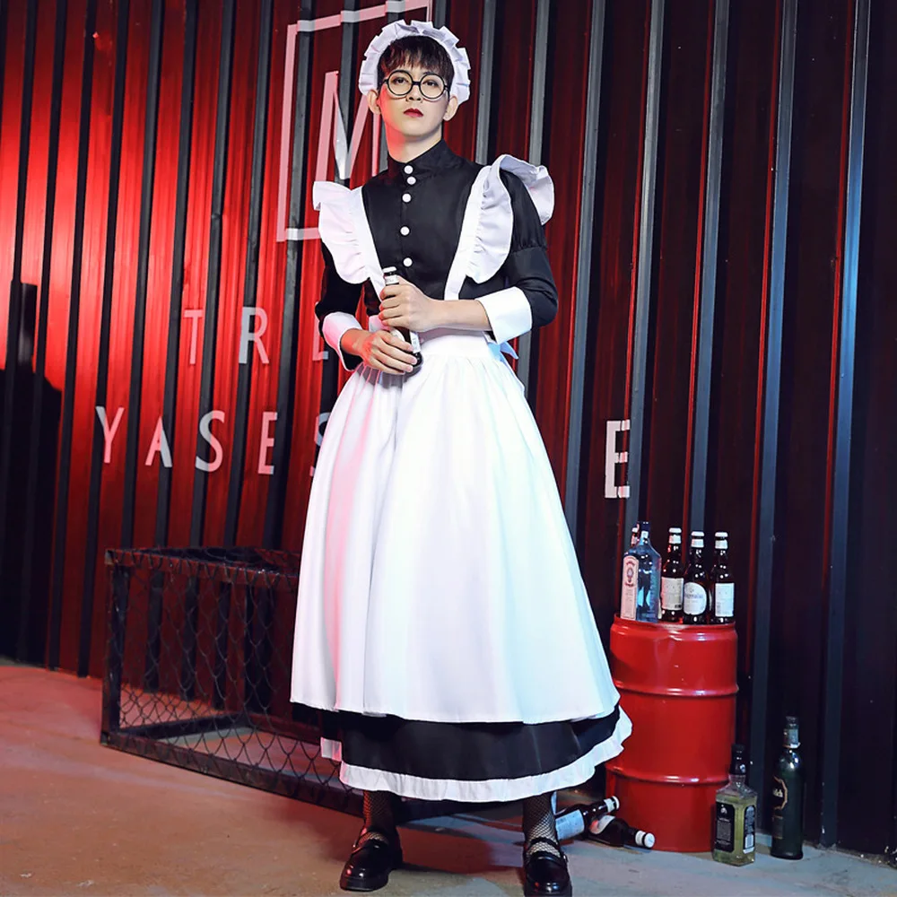 

Punk Ouji OTAKU Pinafore Maid Costume Victorian Black White Cosplay Outfit Maxi Dress Halloween For Adult Men Women 3XL