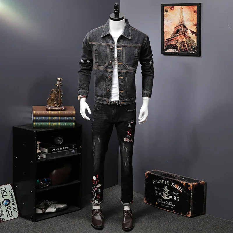 

Autumn new men's denim suit fashion handsome embroidered denim jacket youth loose jacket two-piece