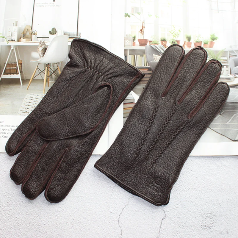 New Deerskin Gloves Men's Leather Outer Stitched Striped Retro Motorcycle Riding Driving Autumn and Winter Wool Knitted Lining