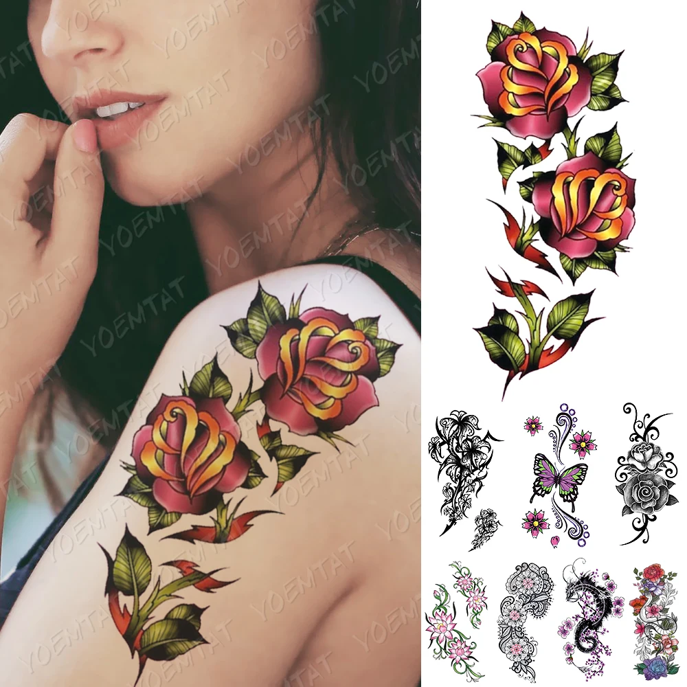 

Waterproof Temporary Tattoo Sticker 3D Rose Flowers Flash Tattoos Totem Butterfly Dragon Body Art Arm Fake Sleeve Tatoo Women