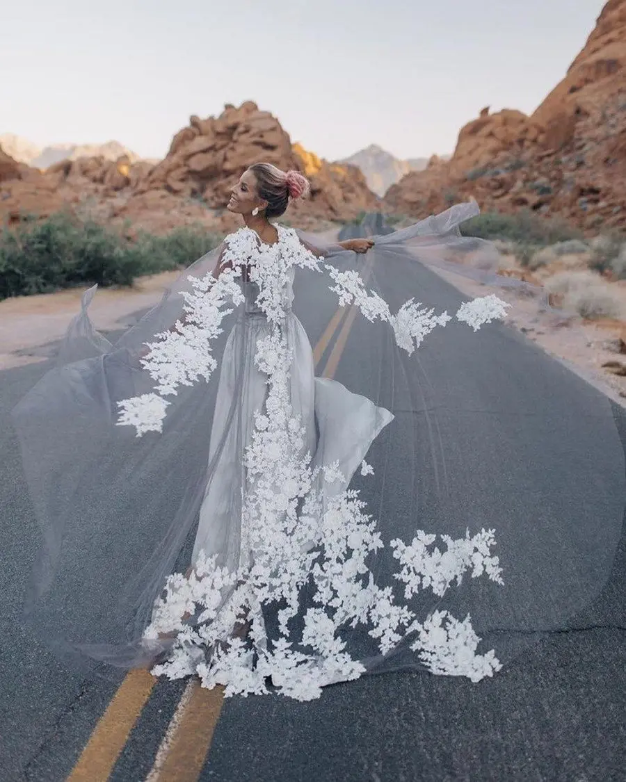 New White Ivory Long Tulle Wraps Lace Appliques Top Bridal Bolero O Neck Custom Made Shawl Jackets