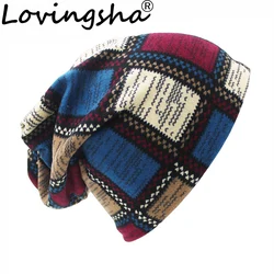 LOVINGSHA marka sonbahar kış şapka kadınlar için ekose tasarım kontrast renk bayanlar şapka Skullies ve Beanies şapka Unisex HT022