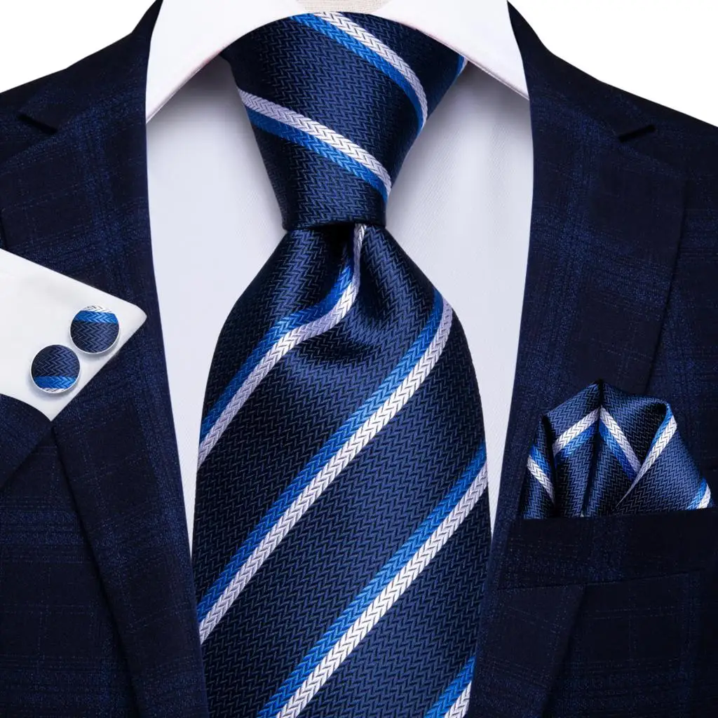 Blue White Striped Silk Wedding Tie For Men Handky Cufflink Gift Men Necktie Set Fashion Design Business Party DropshipingHi-Tie