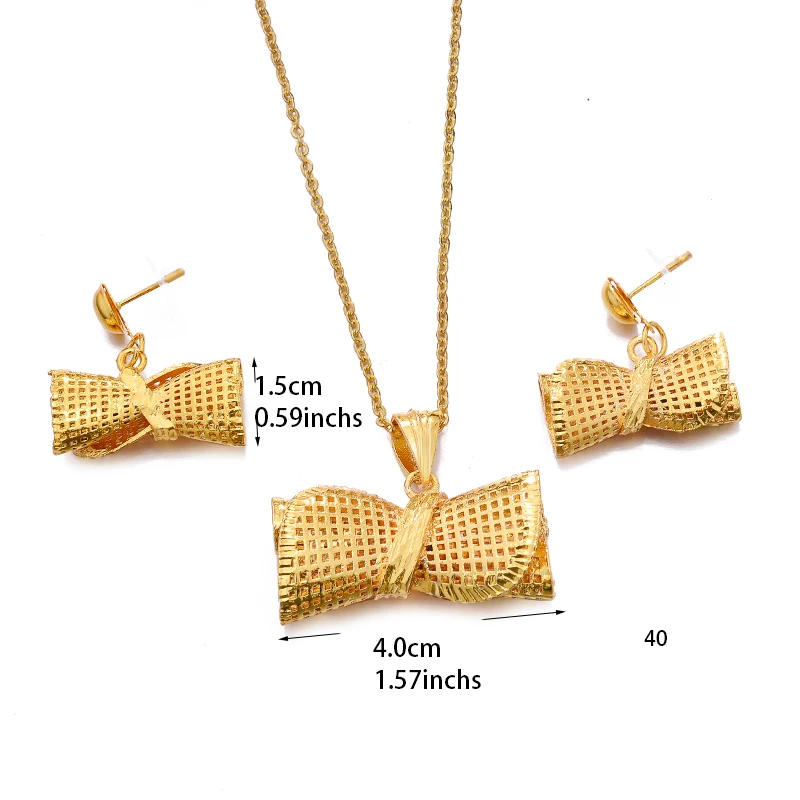 Ethiopia 24K Gold Color Dubai Jewelry Sets Women African Party Wedding Gifts Necklace Earrings Bow 4K Gold Jewellery Sets