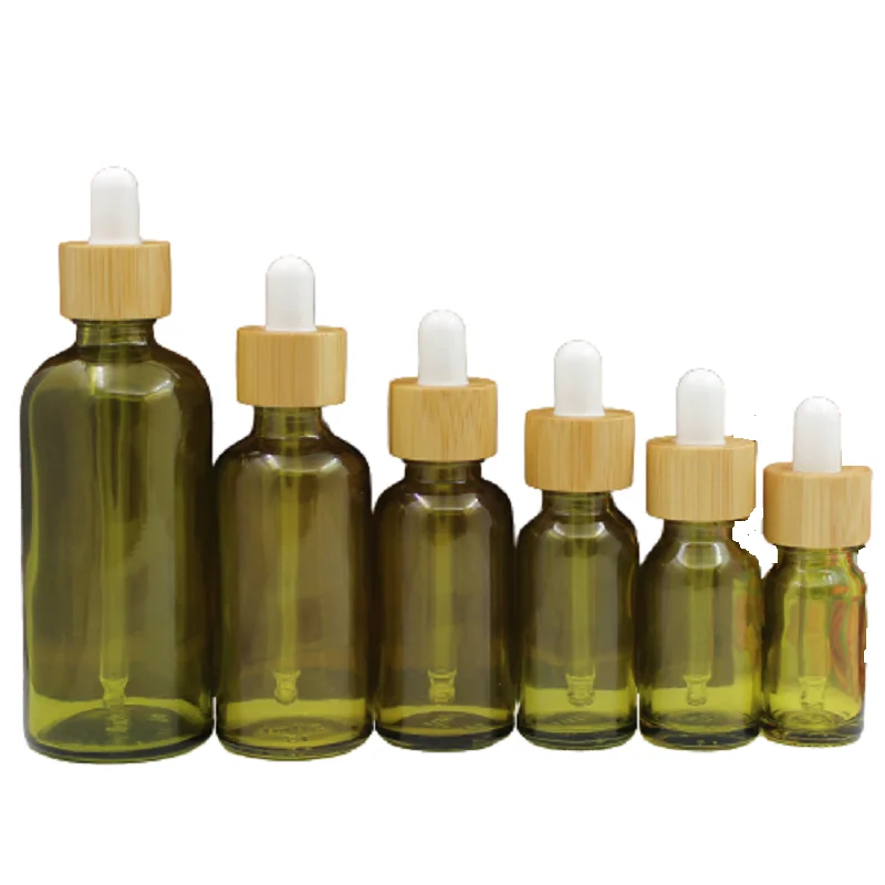 10pcs Glass Dropper Bottle Olive Green Skincare 5/10/15/20/30/50/100ML Essential Oil Dropper Pipette Bamboo Wood Lid Bottles