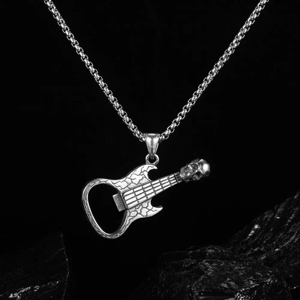 Stainless Steel Guitar Charm Pendant For Men Hiphop Rock Slide Music Element Chains Men Never Fade