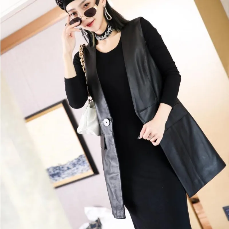 Office Ladies Slim Fit Sleeveless Waistcoat Single Button V Neck Genuine Leather Vests New Spring Casual Women Long Vest Jackets