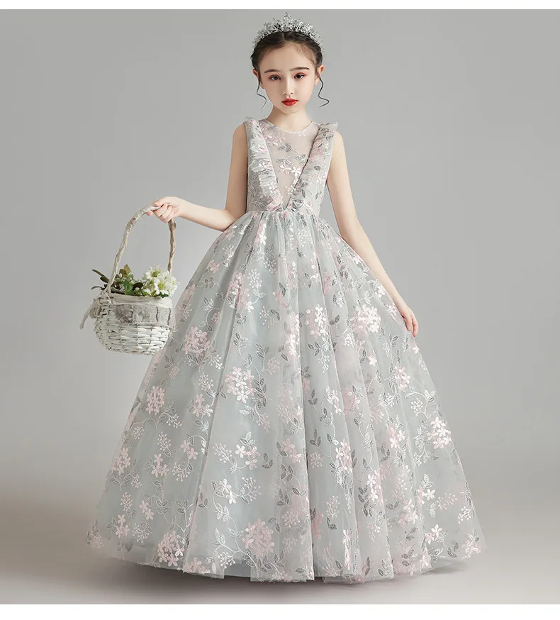 Fluffy Tulle Flower Girl Dresses Gray Lace Embroidery Floral Prom Gown Pageant For Weddings Kids Party Holy Communion Costume