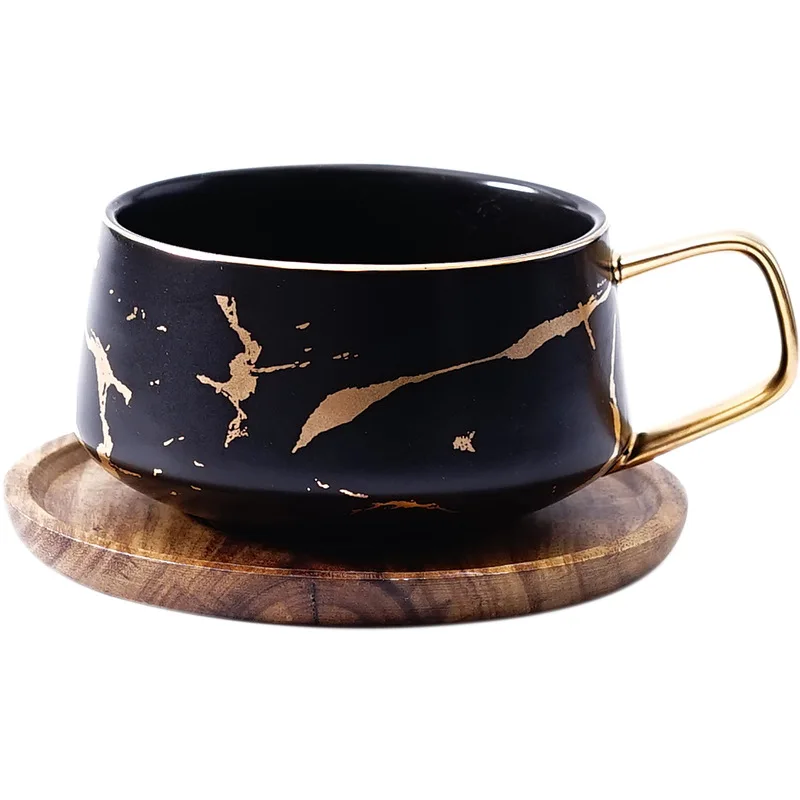 Creative Ceramic Mugs With Gold Handle Espresso Cappuccino Coffee Cups with Wooden Saucer Advanced Tea Cups And Saucers Sets