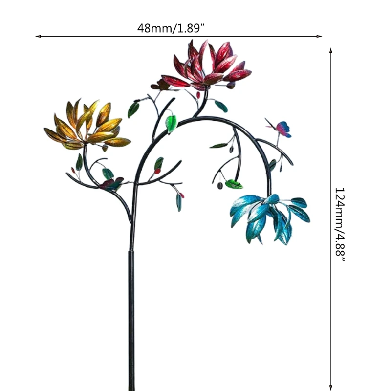 Large Metal Wind Spinner with Three Spinning Flowers Butterflies Windmill Wind Sculpture for Outdoor Garden Art Decor 85DA