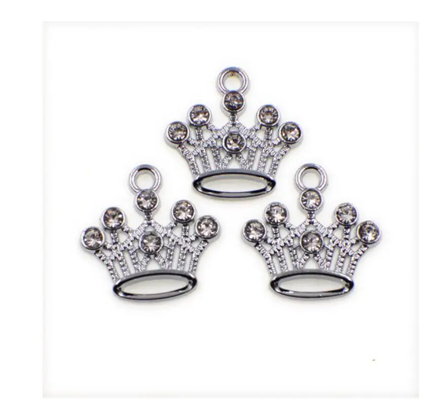 50,100PC/lot 19x20mm Silver Color Rhinestones Crown Pendant Bling Hang Pendant Charms Fit For Pet Collars Necklace