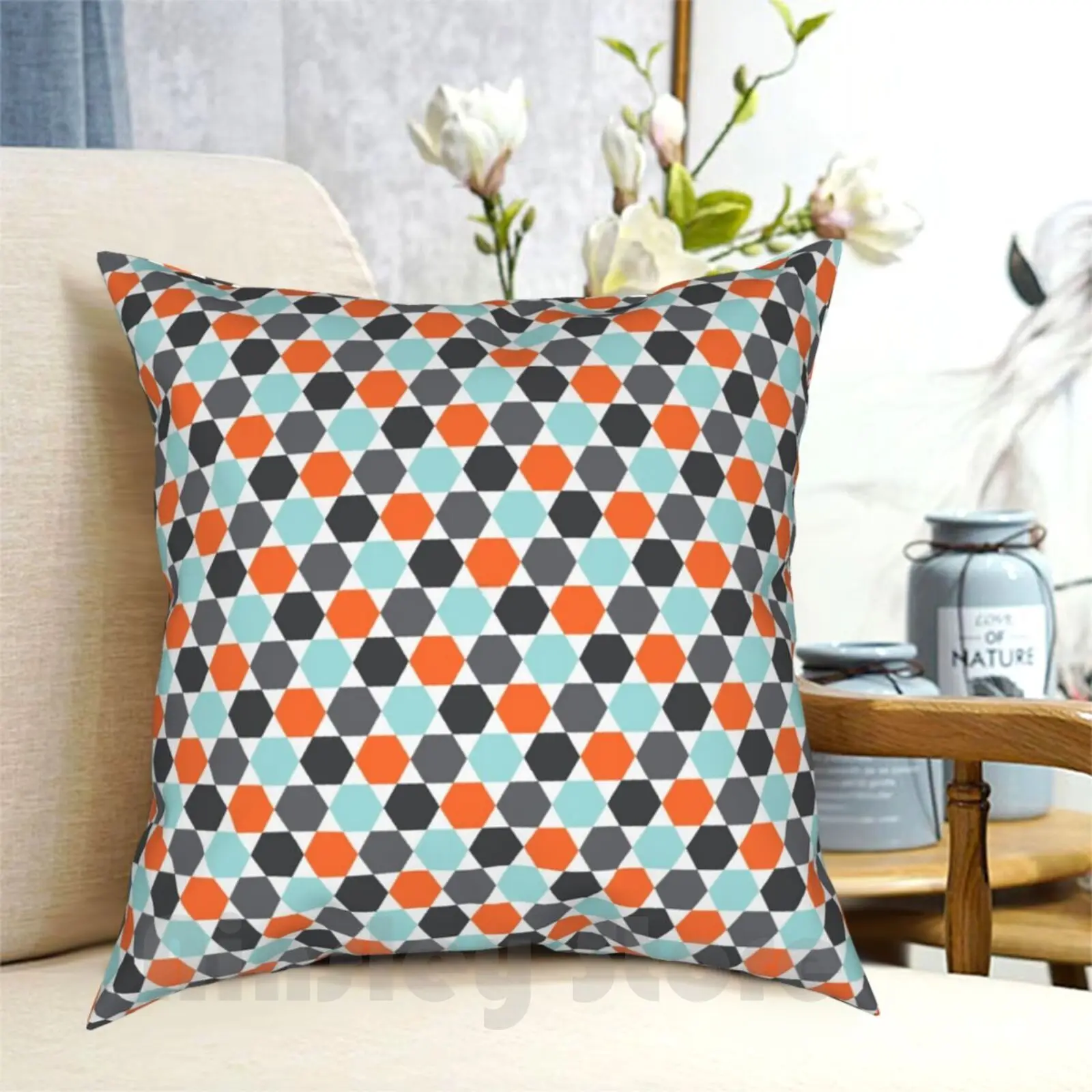 Orange , Aqua Blue And Gray Hexagon Pattern Pillow Case Printed Home Soft Throw Pillow Orange Gray Grey Hexagon Pattern