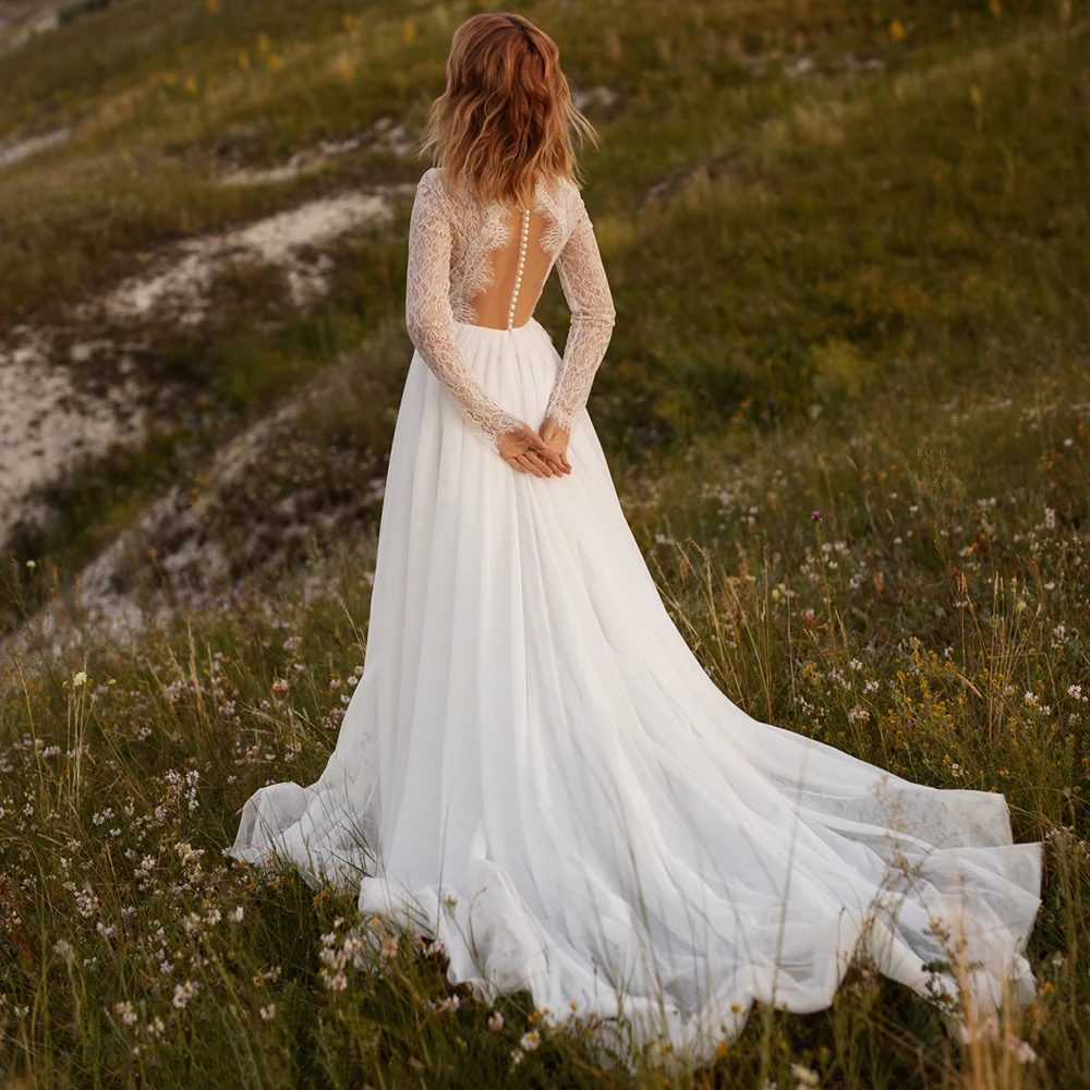 Gaun pengantin lengan panjang berenda leher tinggi Boho tipis gaun pengantin buatan khusus punggung transparan penutup mutiara Tulle taman gaun pernikahan Boho