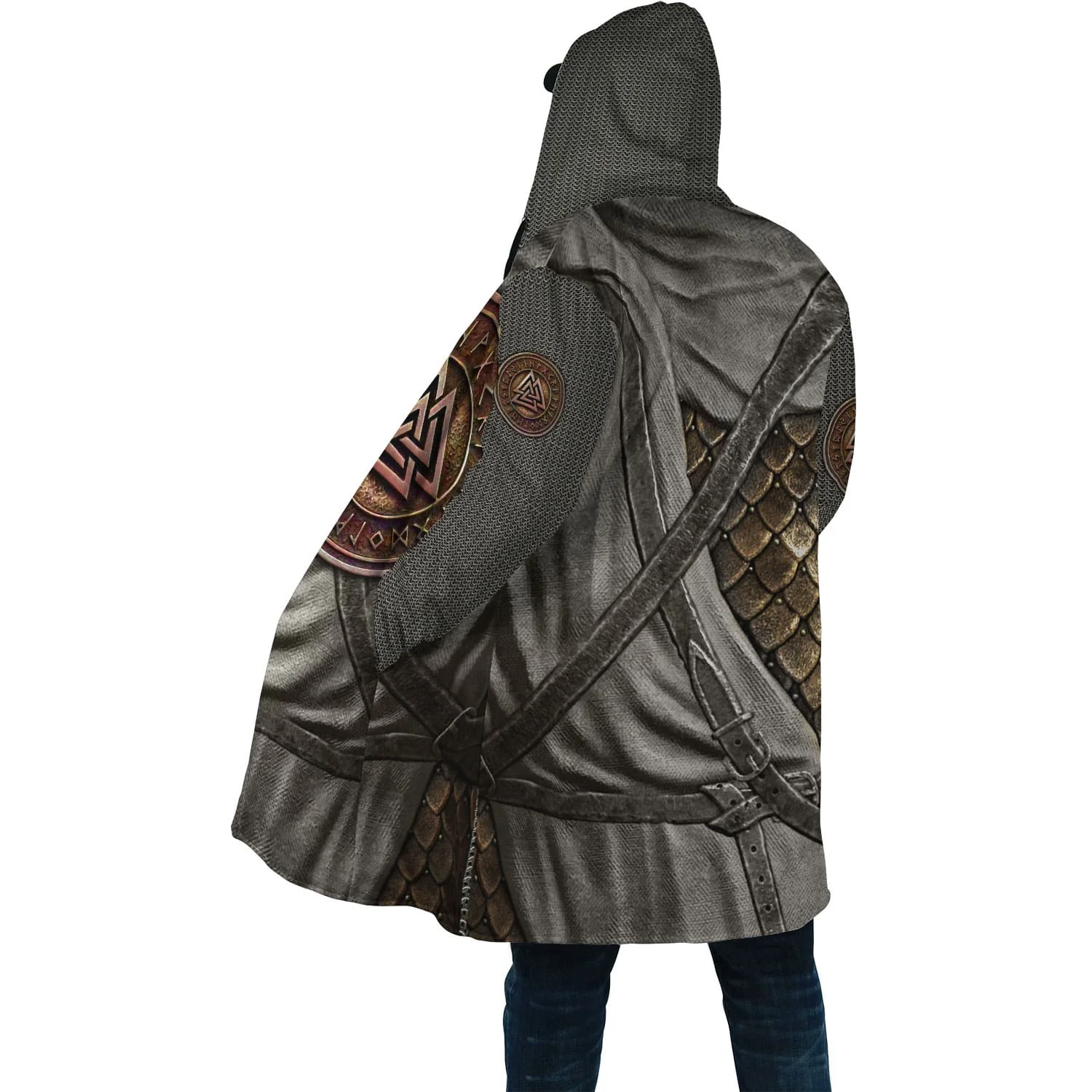 2024 Winter Fashion Mens cloak Warrior Armor Chain 3D Printing Thick Fleece Hood cloak Unisex Casual Warm Cape coat DP11