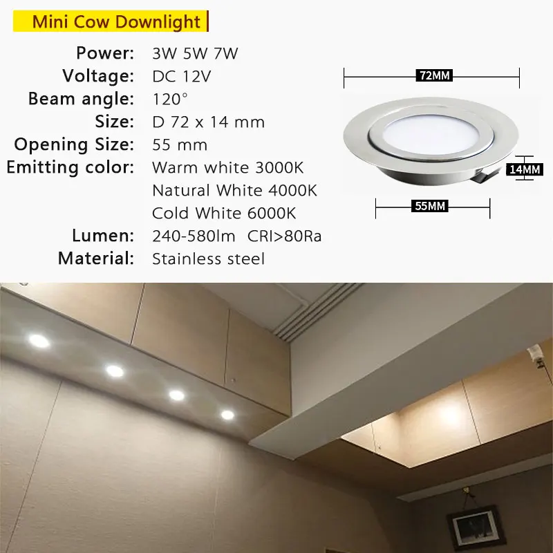 Ip65 spotlight 3w 5w 7w dc 12v de aço inoxidável 304 tensão de segurança led ultra-fino casa cozinha jantar iluminação local 14mm magro