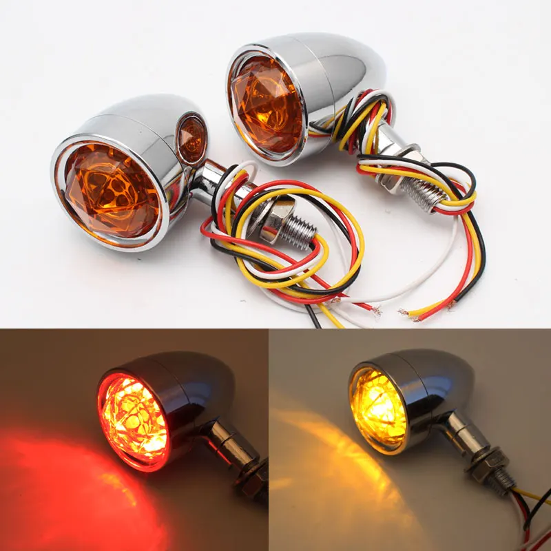 Universal Chrome Motorcycle Turn Signal Bullet Lights Amber Diamond Lens LED Brake Indicator Light Lamp For Harley Bobber Bikes