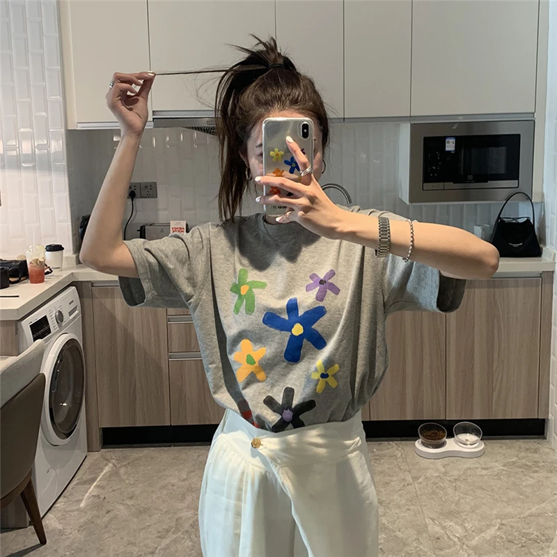 LMQ 2021 Spring New Women Korean Version Of The Color Flower Graffiti Round Neck Short Sleeve T-Shirt Loose Student Top Tee