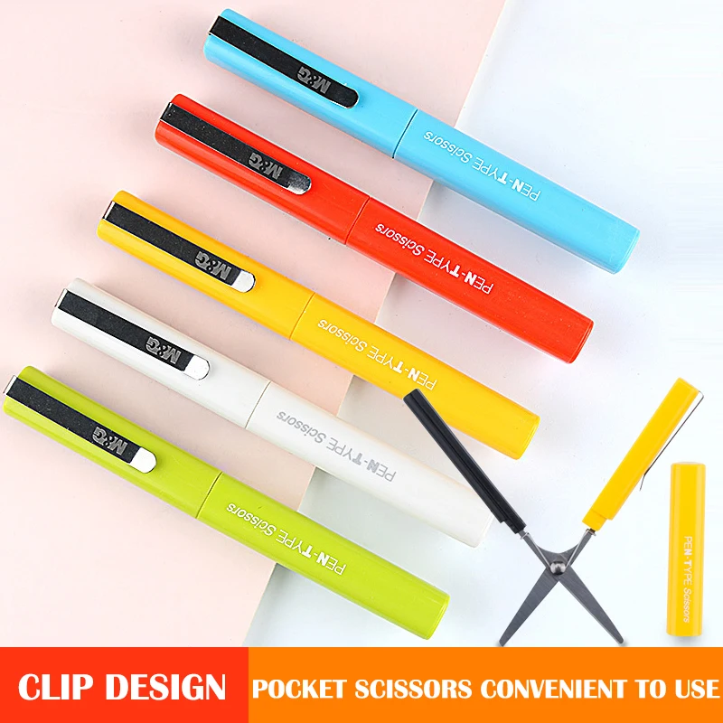 1PC Portable Cute Pen Shape Scissors with Ruler Student Kid Fold Stationery Paper Cut DIY School Home Art Child Preschool Safe