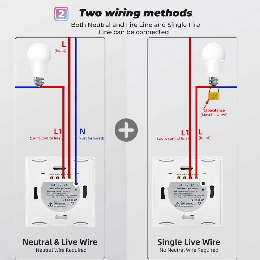 1 2 3 4 Gang Tuya Smart Life WiFi Single Fire Live Wire Light Switch,No Neutral Line Need,Google Home Alexa RF Remote,110V 220V