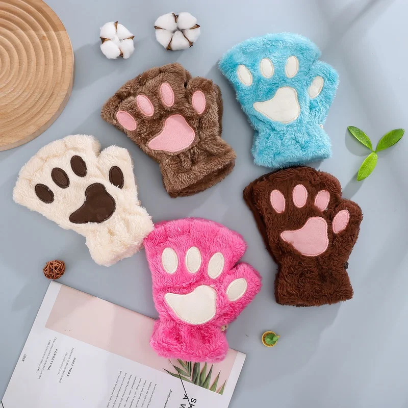 Women Cute Cat Claw Paw Plush Mittens Warm Soft Plush Short Fingerless Fluffy Bear Cat Gloves Costume Half Finger Party Gift